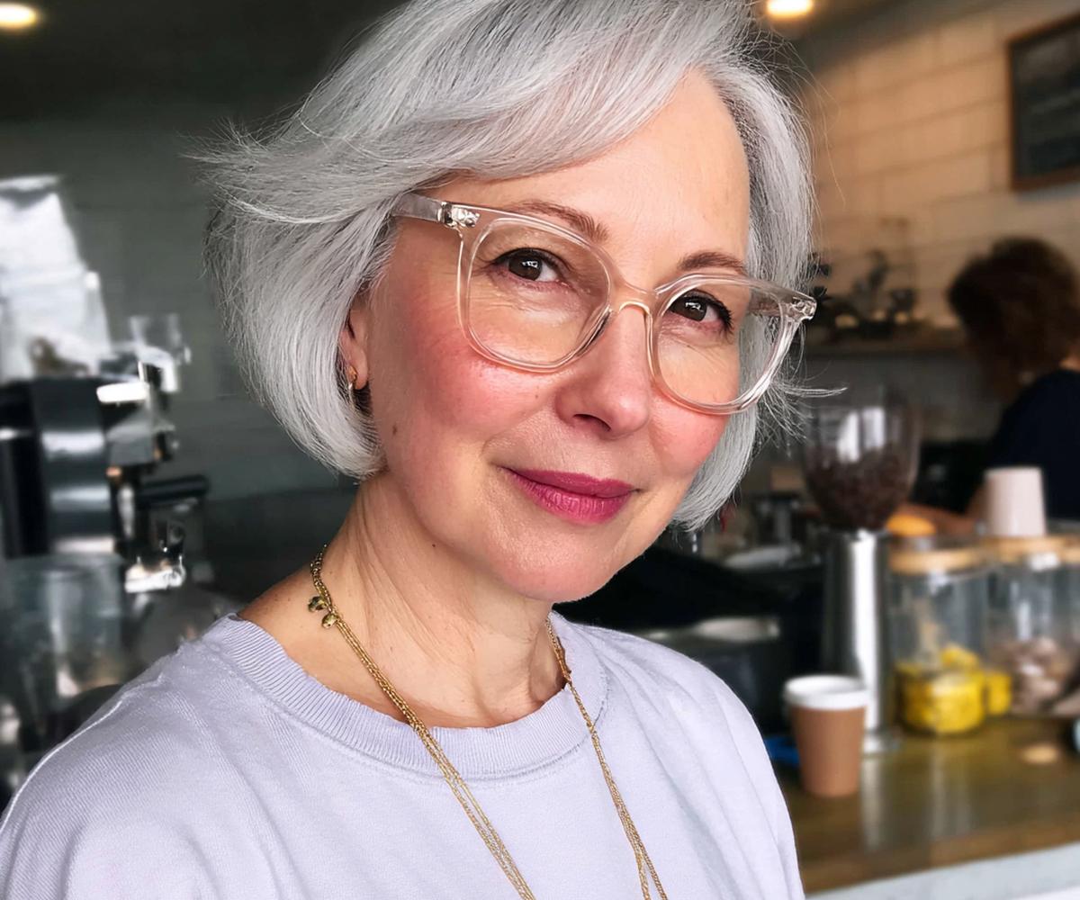 Short Silver Bob With Side Part