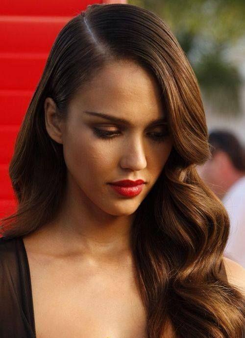 Brunette deep side part old hollywood waves with red lip