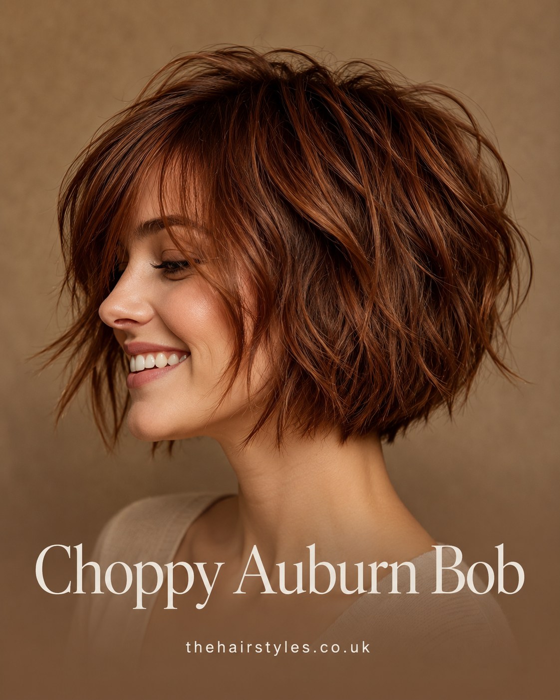 Choppy auburn bob with heavy point-cut layers and warm copper tones