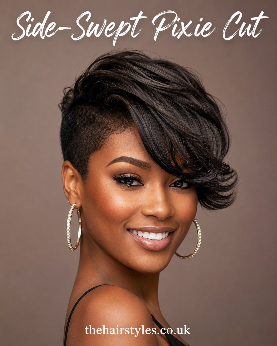 Side-swept pixie cut with sculptural smooth waves and a shaved side section