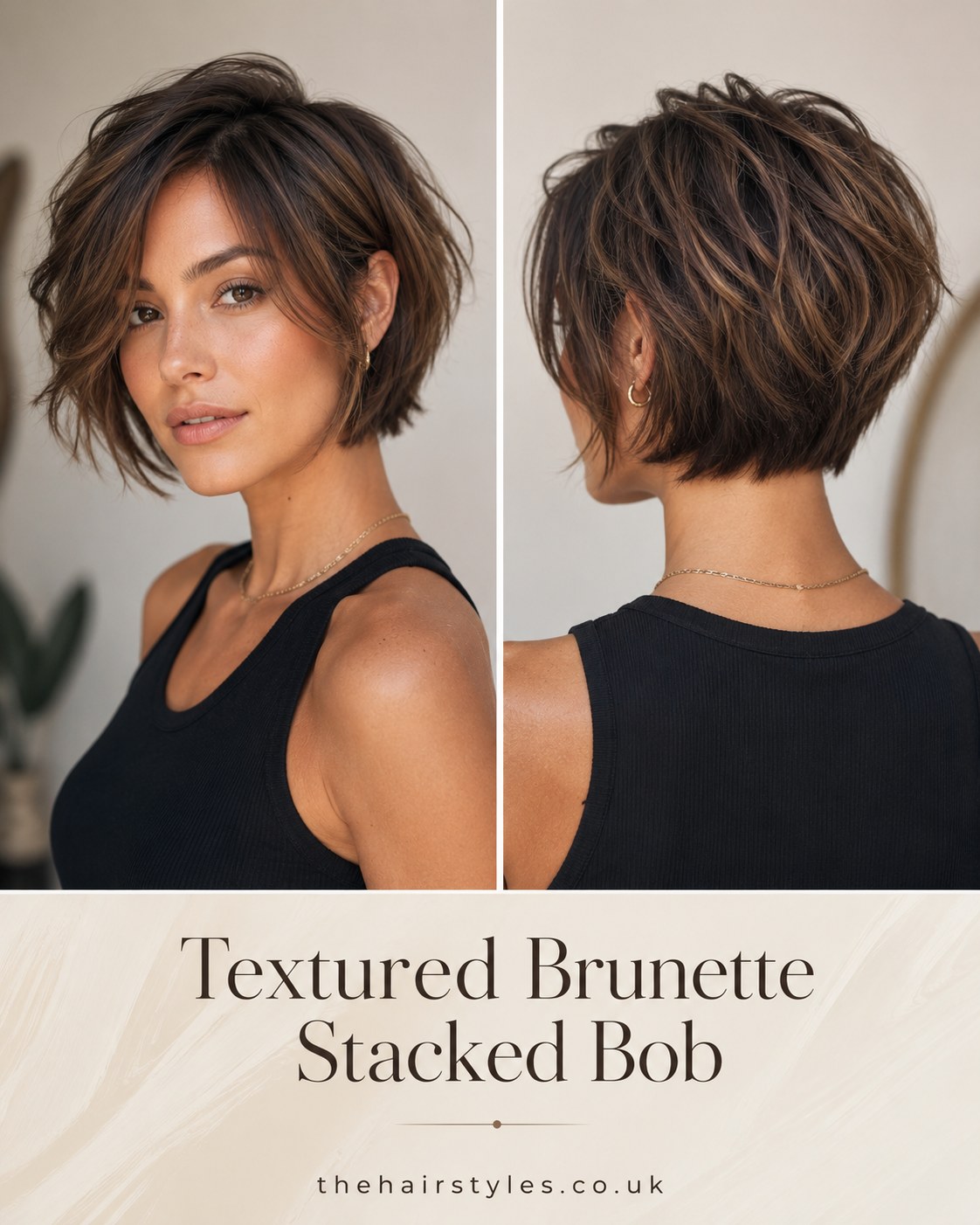 Front and back view of a textured brunette stacked bob with piecey choppy ends