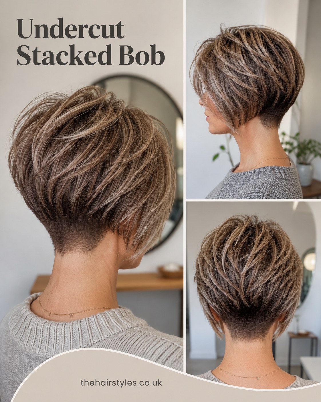Back and side views of an undercut stacked bob showing shaved nape and rounded layers