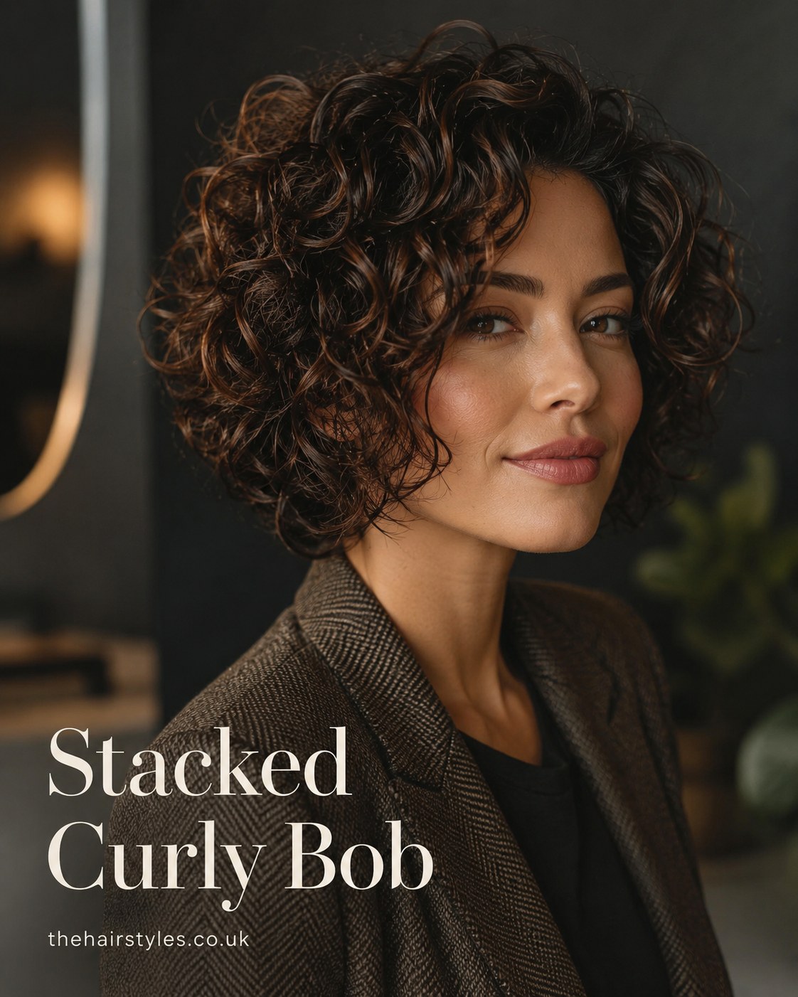 Stacked curly bob with defined natural curls and dry-cut shaping around the face