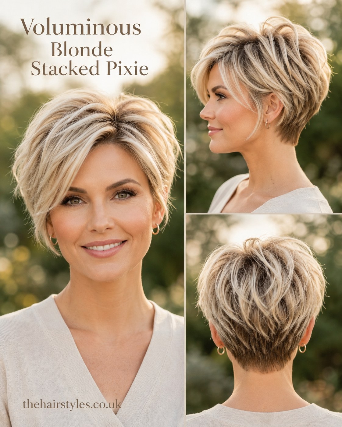Three angles of a voluminous blonde stacked pixie showing crown lift and layered sides