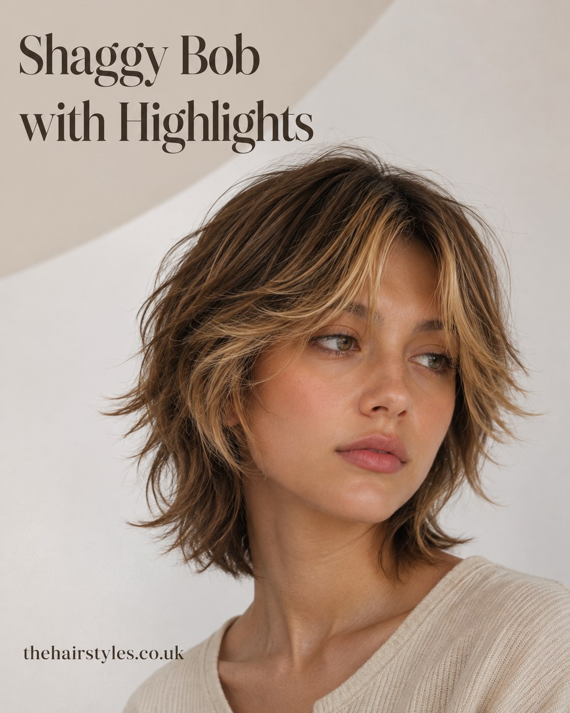 Shaggy bob with highlights and a loose textured curtain fringe framing the face