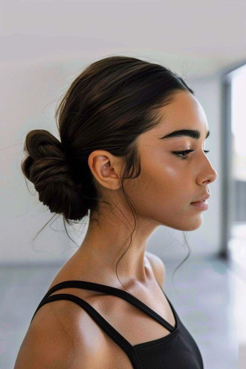 Woman with low bun doing yoga