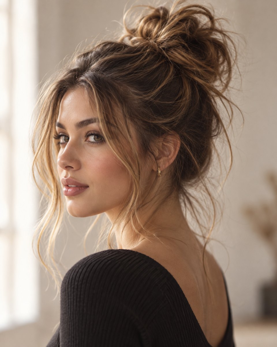 Messy bun hairstyle