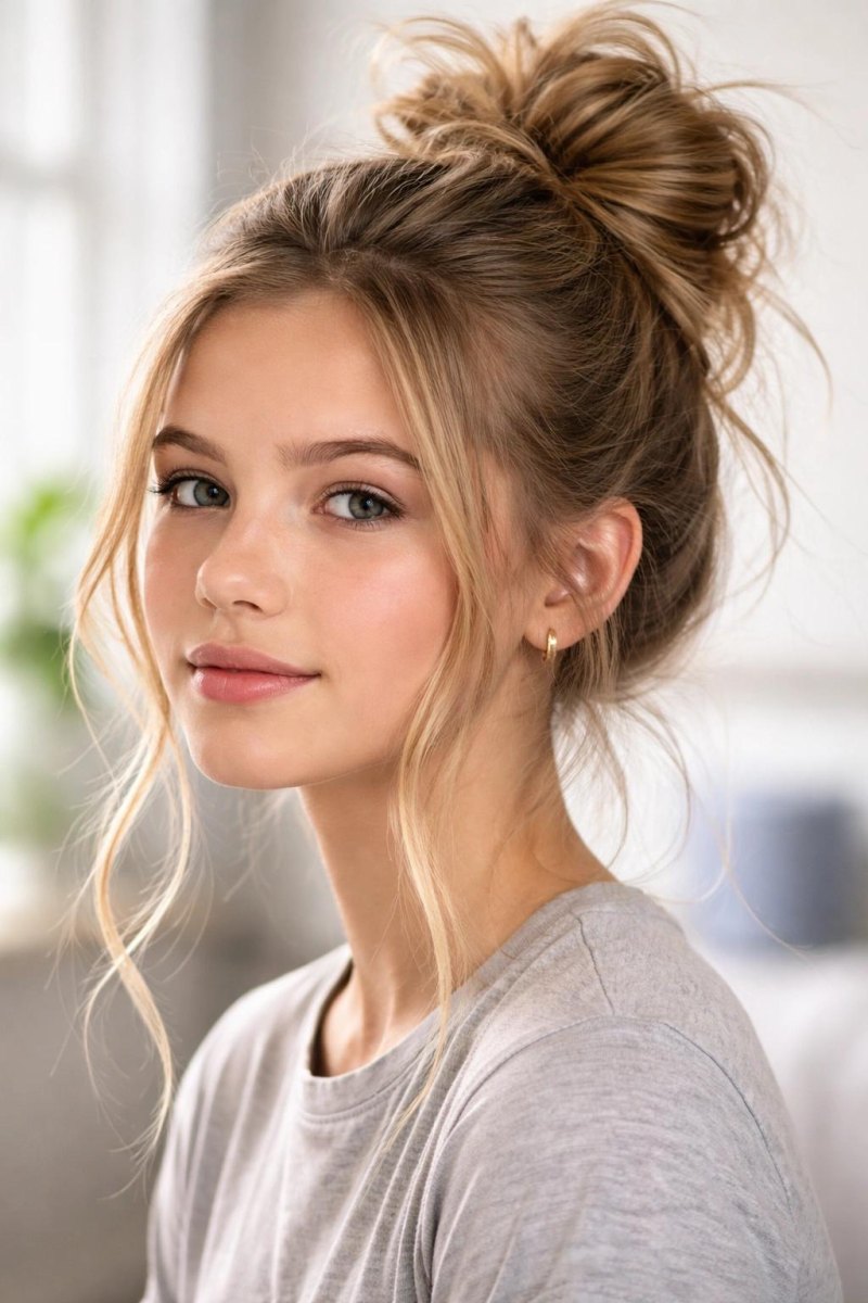 Messy bun school hairstyle