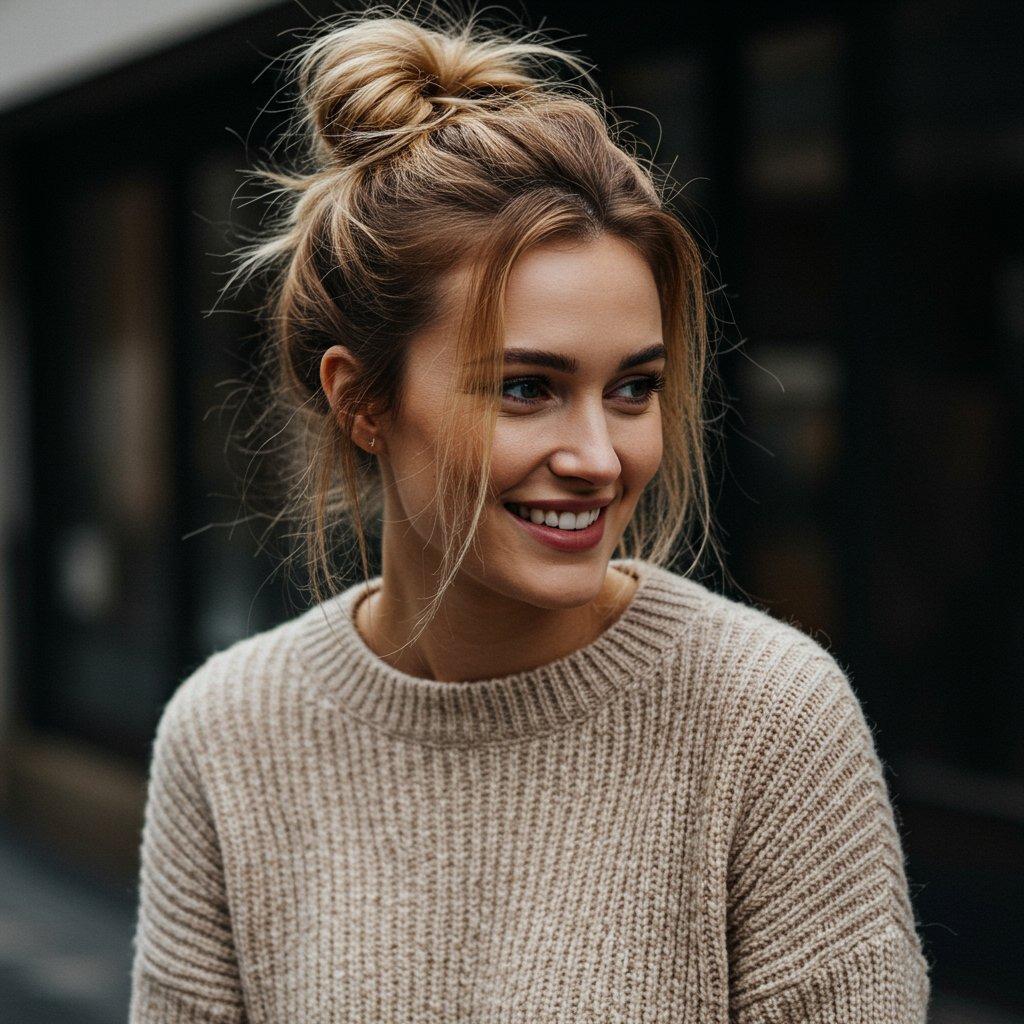 Woman with relaxed messy bun hairstyle