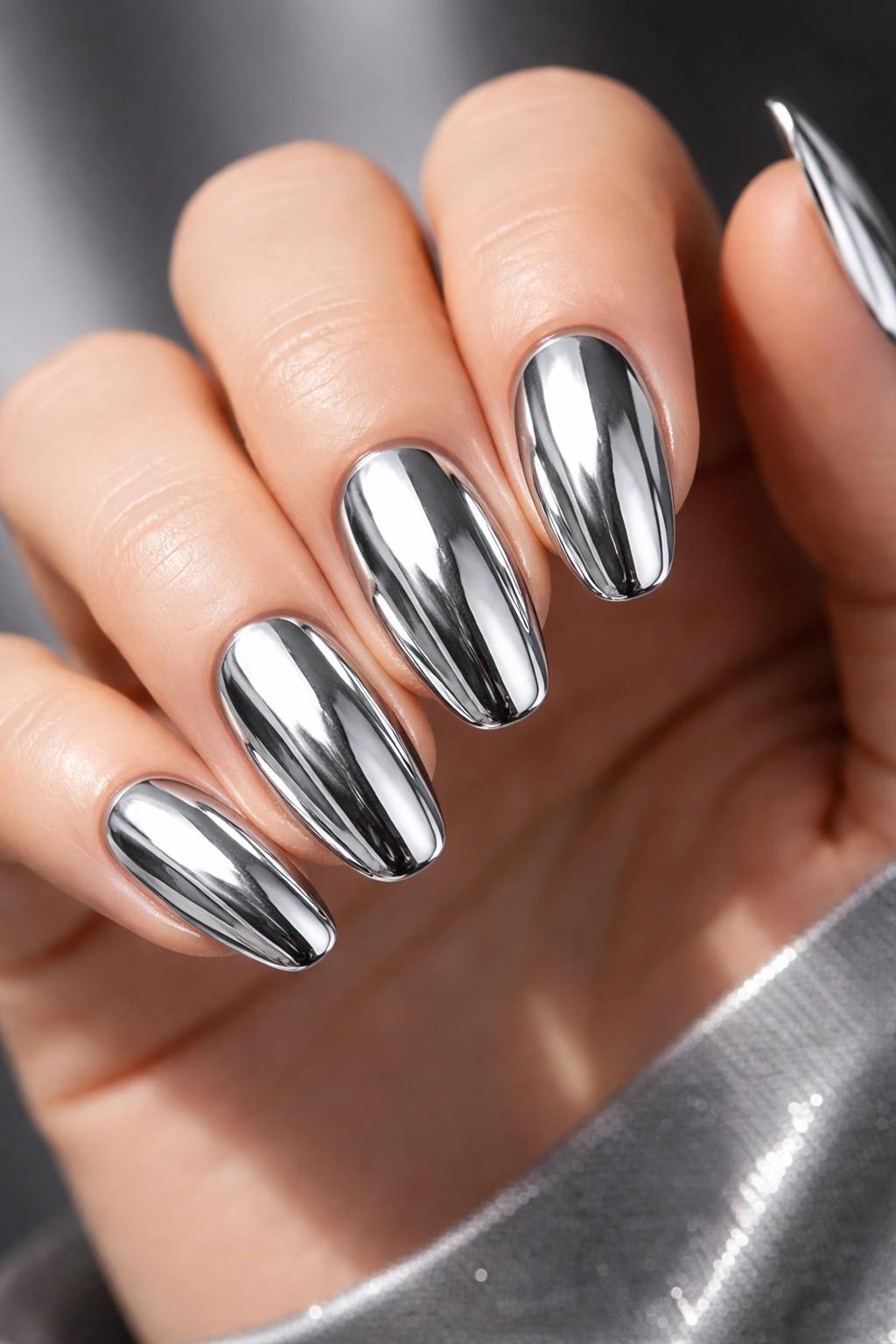 Metallic silver Sabrina Carpenter manicure