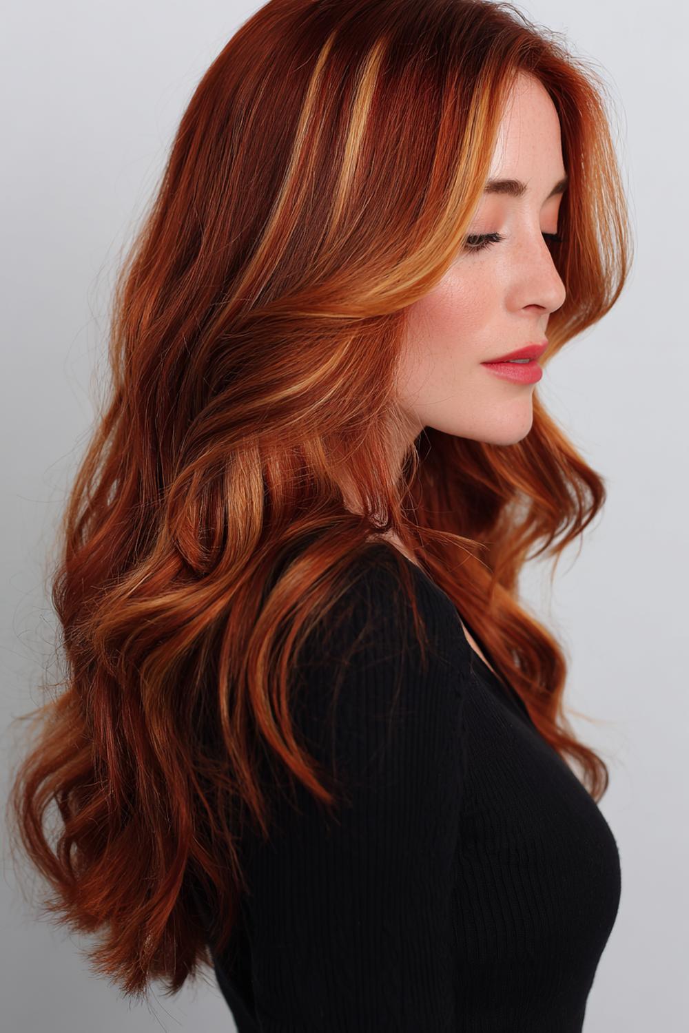 23. Modern Hair Looks 2026: Copper Gloss Balayage With Warm Ribbons and Bright Money Piece