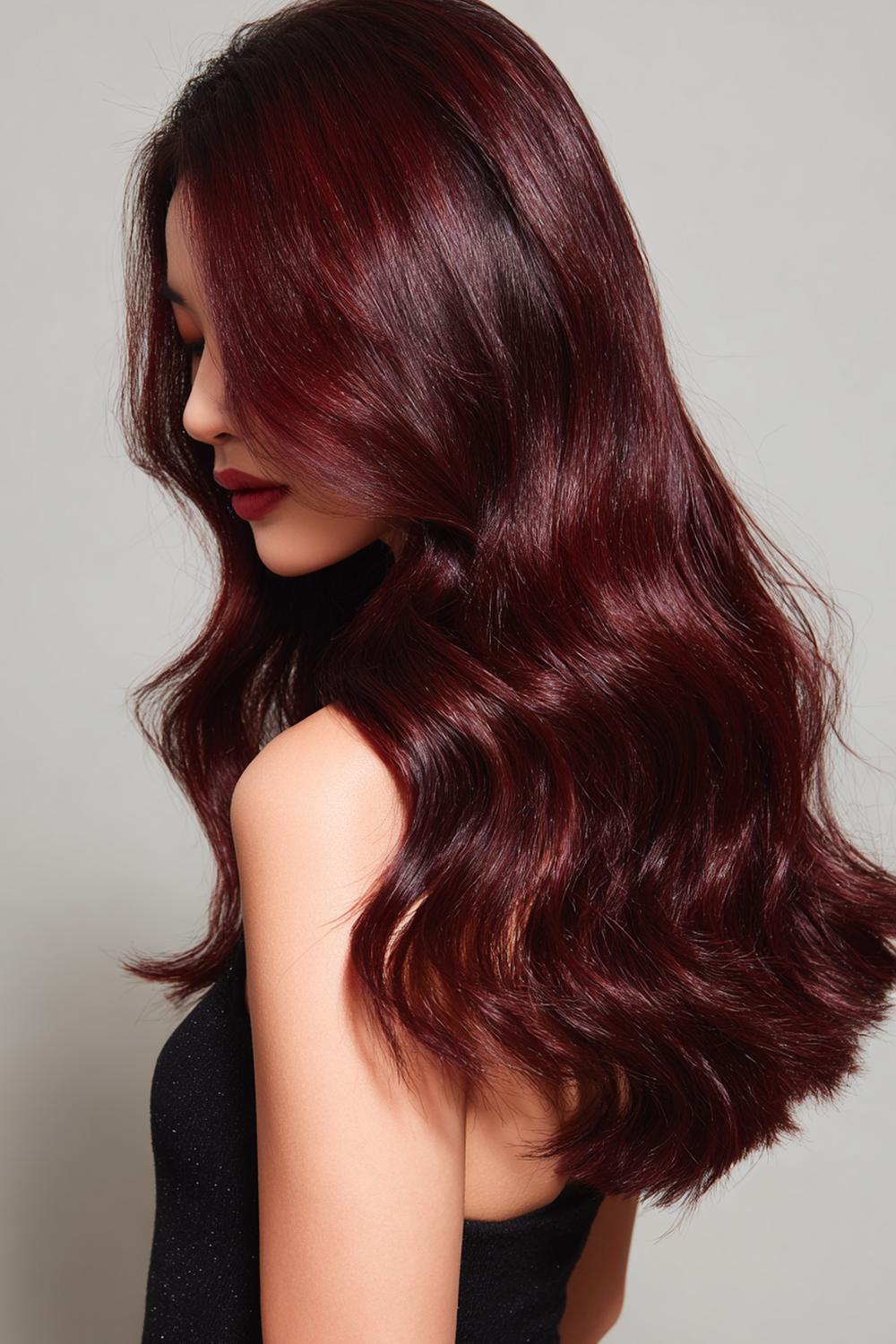 27. Modern Hair Looks 2026: Cherry Cola Waves With Deep Red Dimension and Gloss Coat