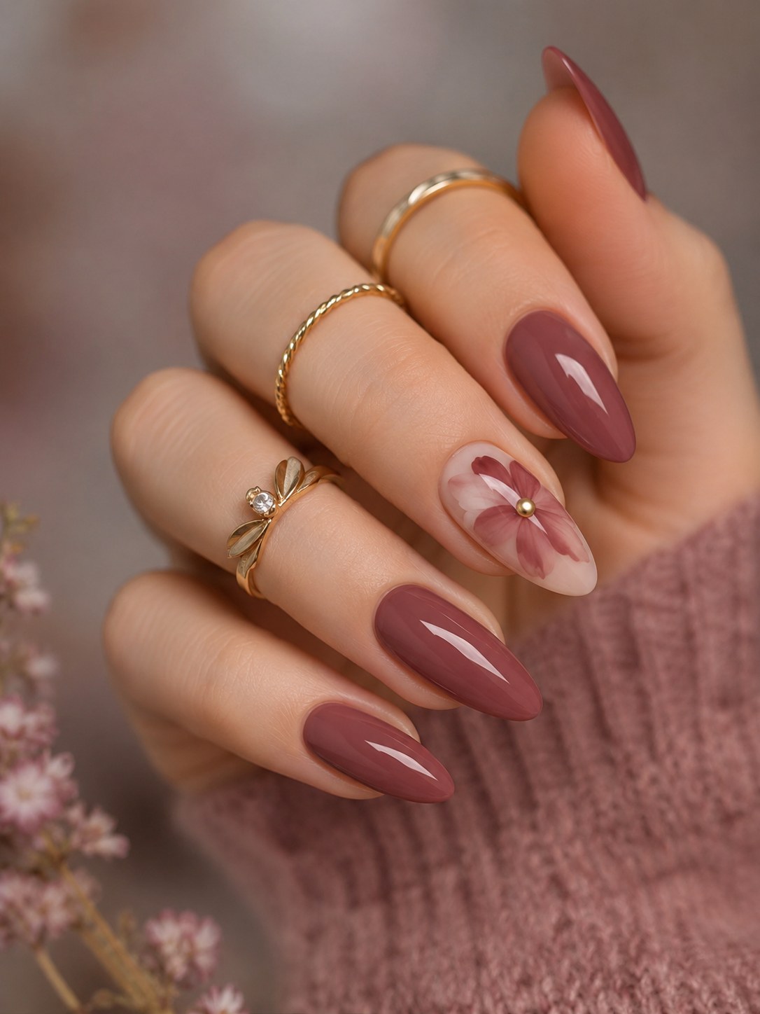 Rosewood glossy nail colour with a soft floral accent nail, a warm shade for deep skin tones