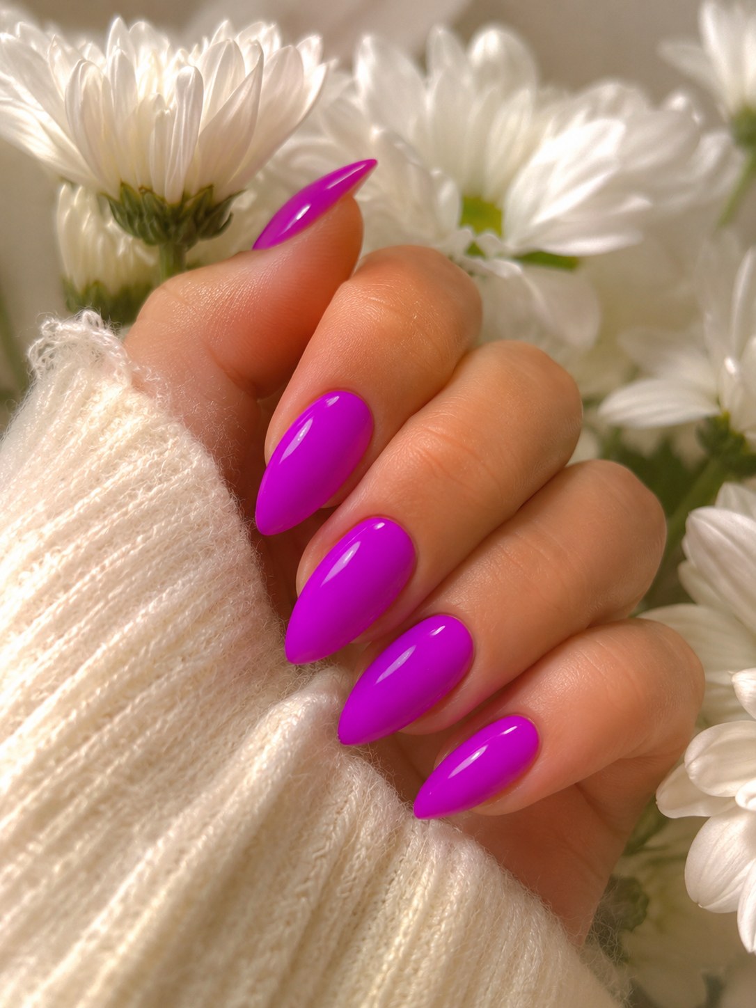 Long stiletto nails in solid electric magenta, a simple neon nails for dark skin statement colour