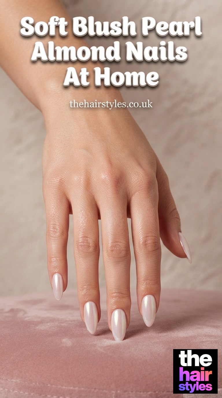 Soft Blush Pearl Almond Nails At Home