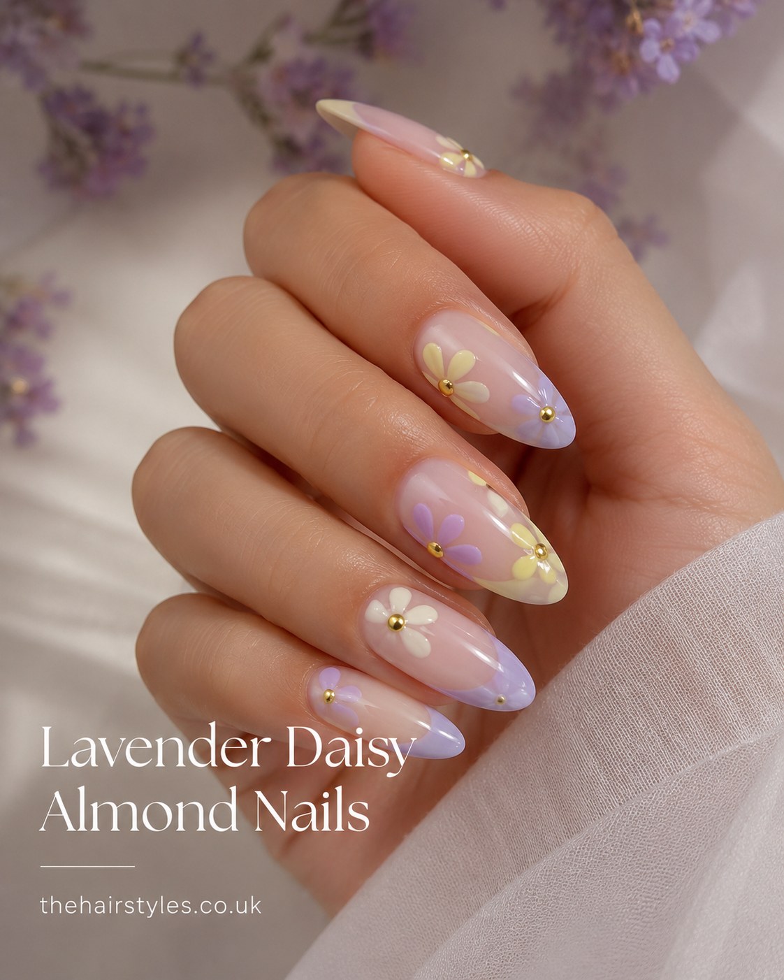 Lavender daisy floral design on sheer almond pastel nails with tiny gold stud accents
