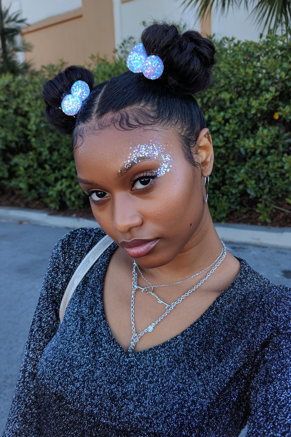 22. Pinterest Hair Inspiration 2026: Space Buns with Face-Framing Pieces and Glitter Part Line