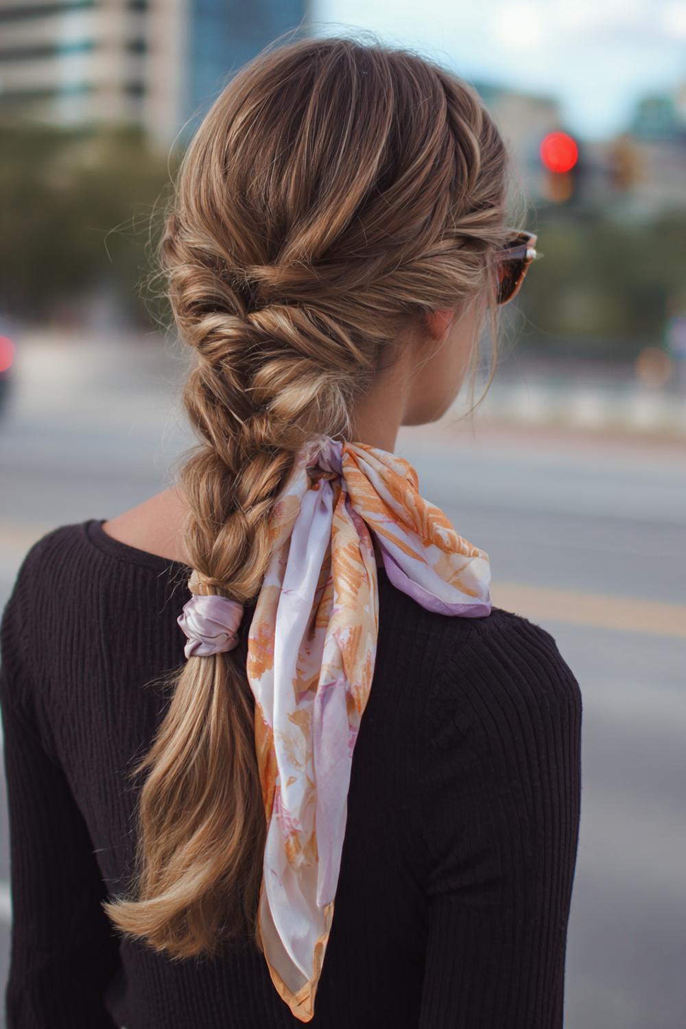 26. Pinterest Hair Inspiration 2026: Braided Low Ponytail with Scarf Wrap and Textured Crown