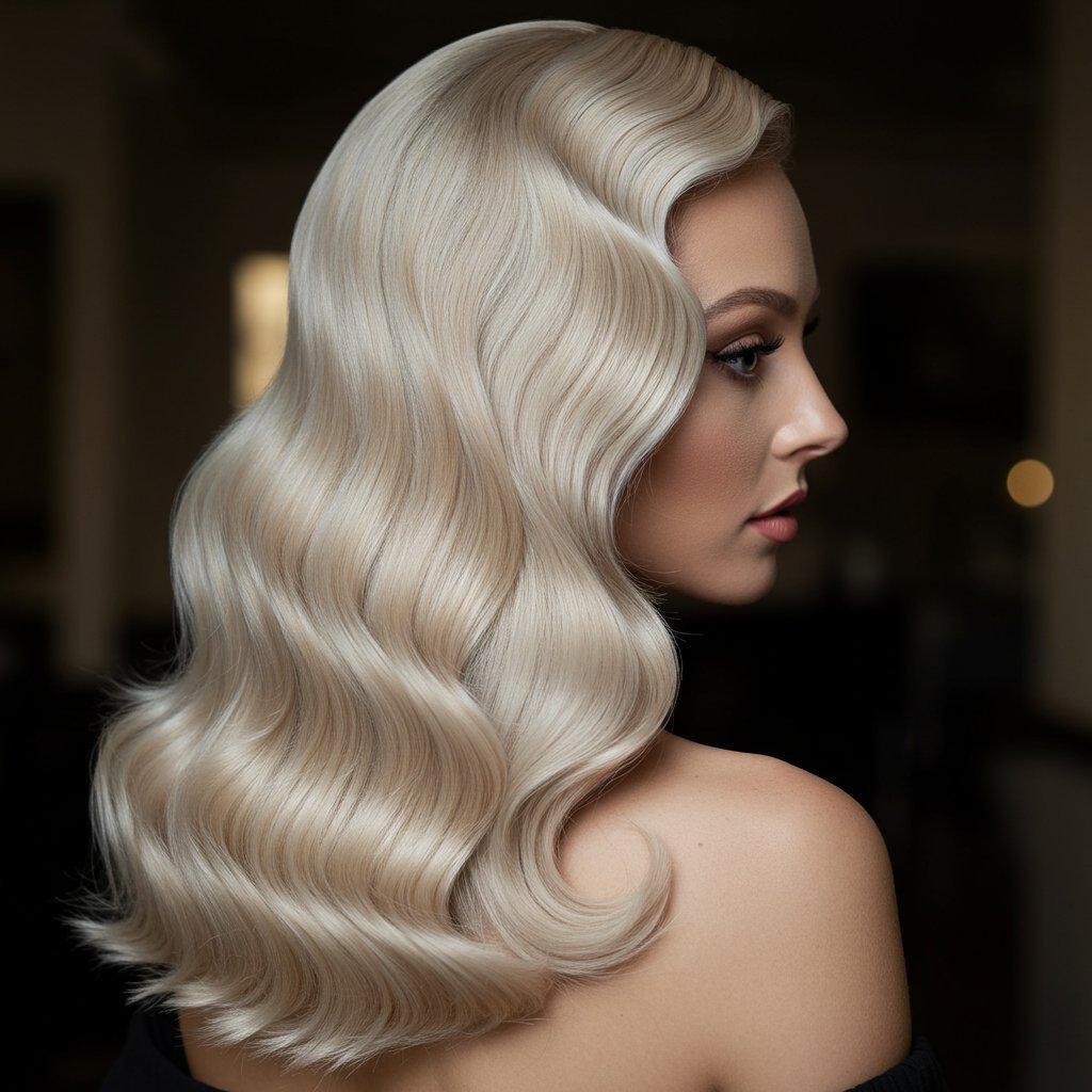 Platinum deep side part old hollywood waves style