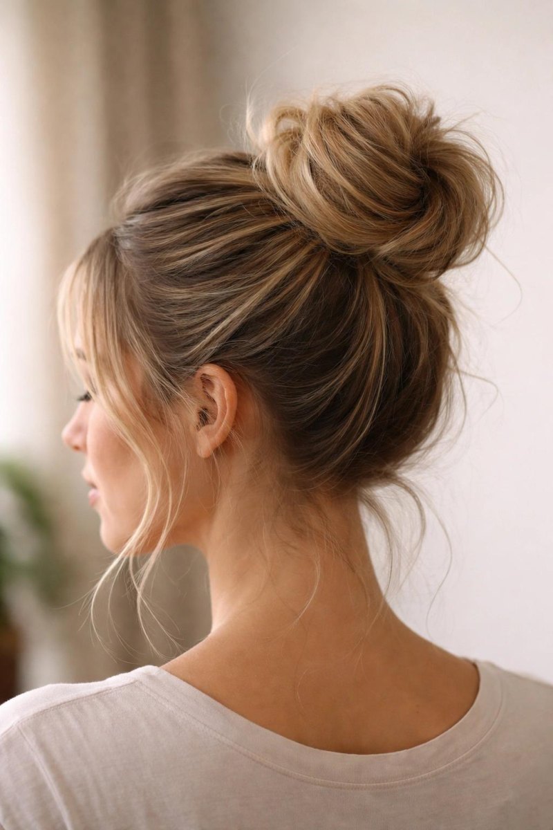 Quick messy bun hairstyle for women