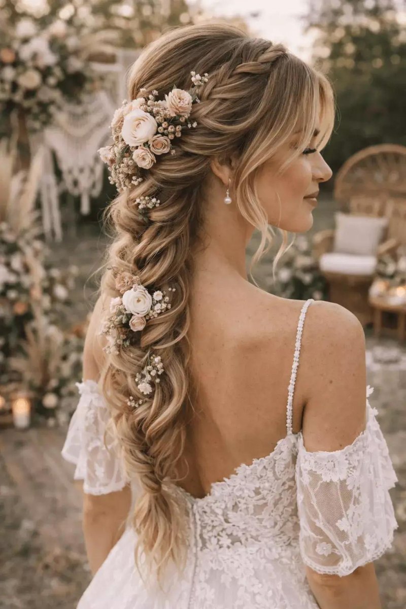 Romantic loose braided bride hairstyle