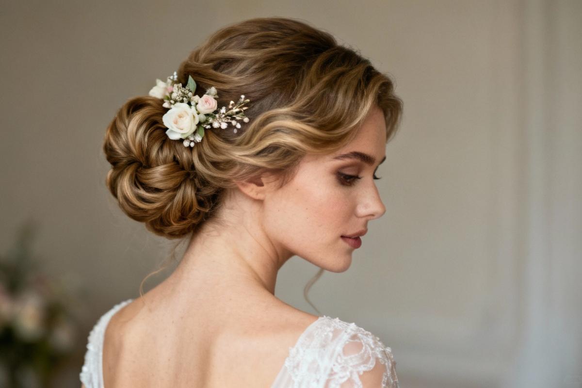 Bride with loose bun and soft curls