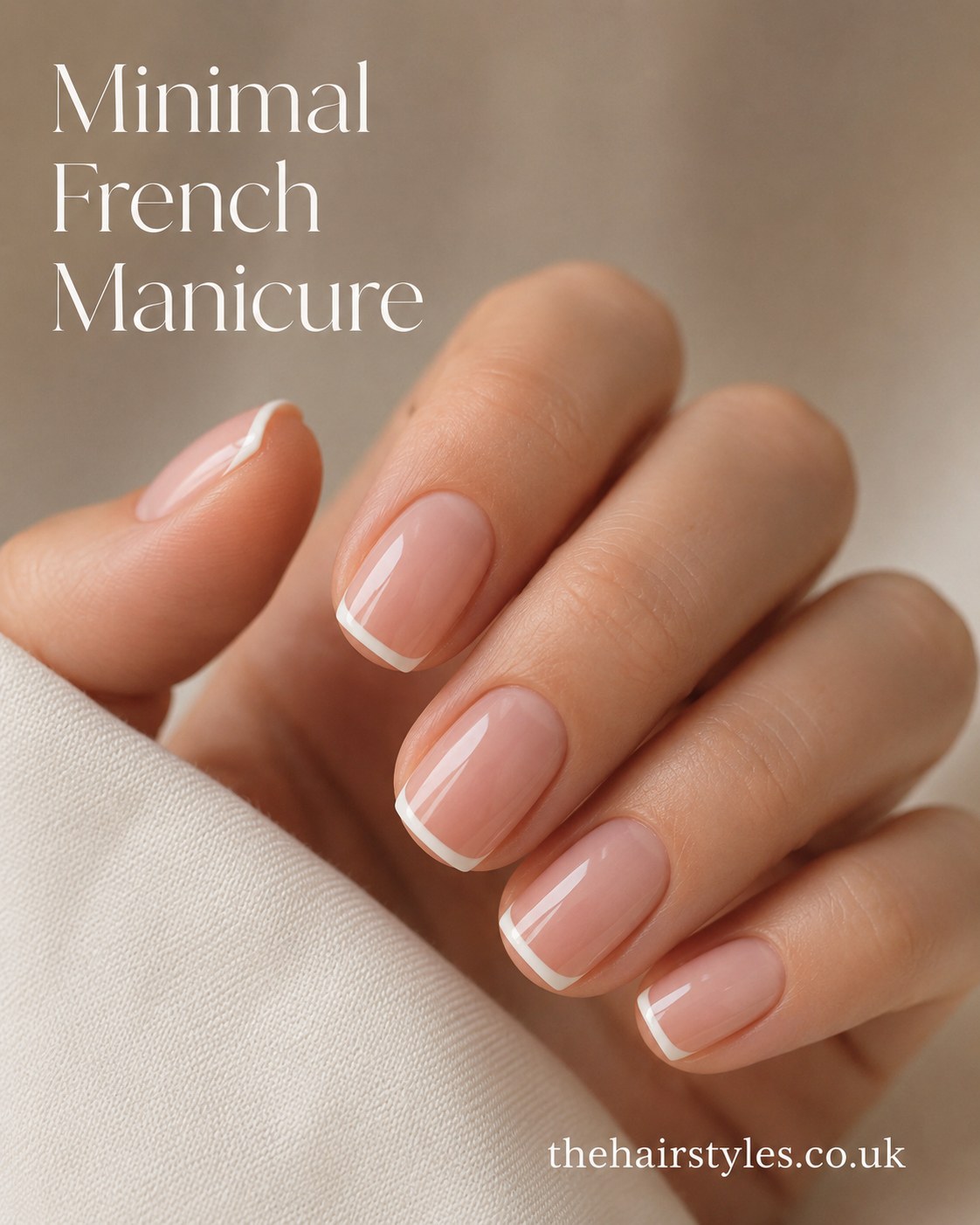 Minimal French manicure featuring a thin sheer white line across short natural nails