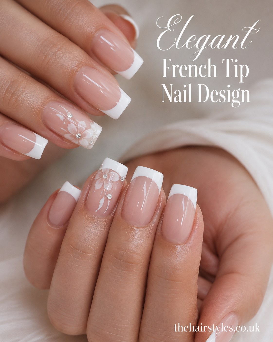 Elegant French tip nail design finished with rhinestones and a delicate hand-painted flower accent