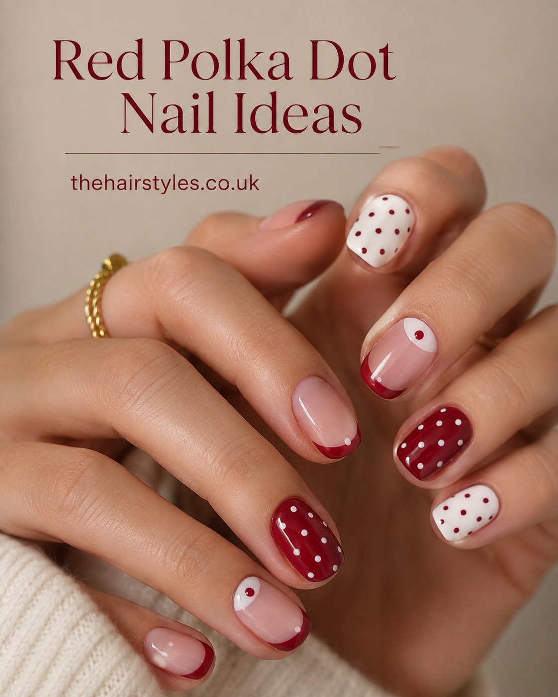 Red polka dot nail ideas pairing deep red French tips with cream spotted accent nails