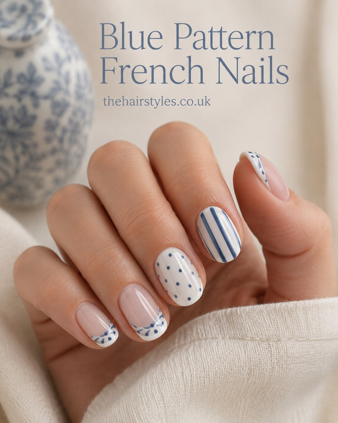 Blue pattern French nails combining polka dots, fine stripes and floral accents on short nails
