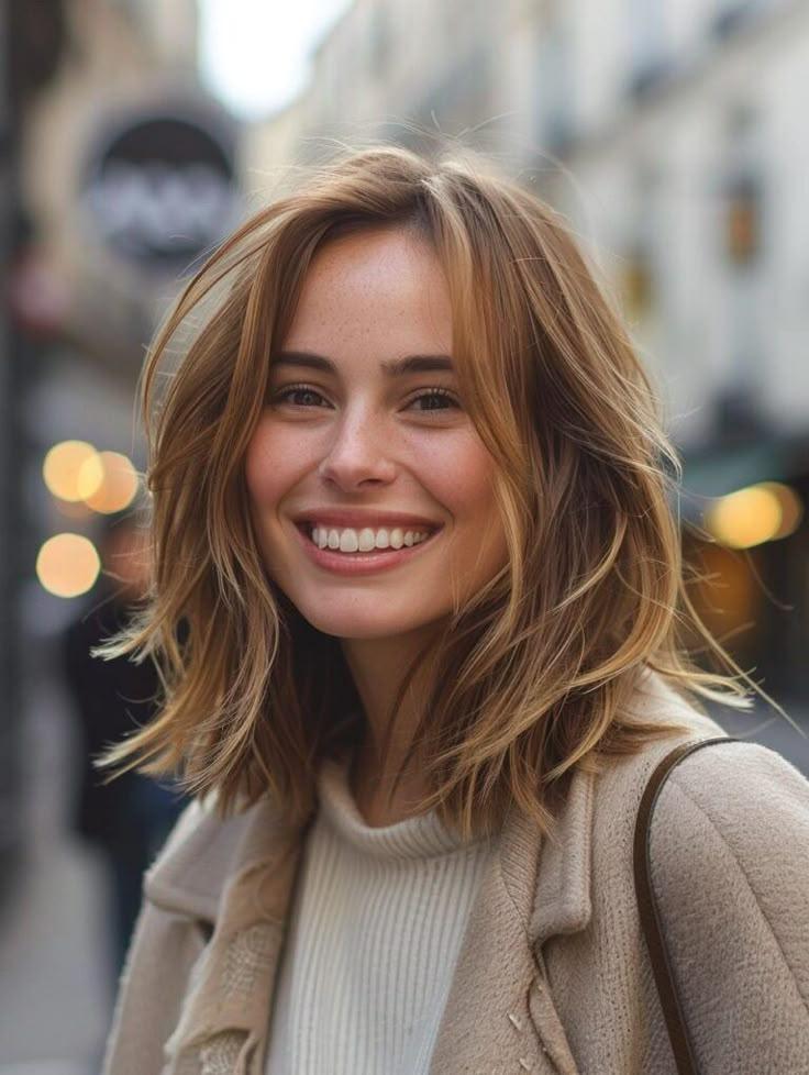 Woman with layered shoulder length haircut