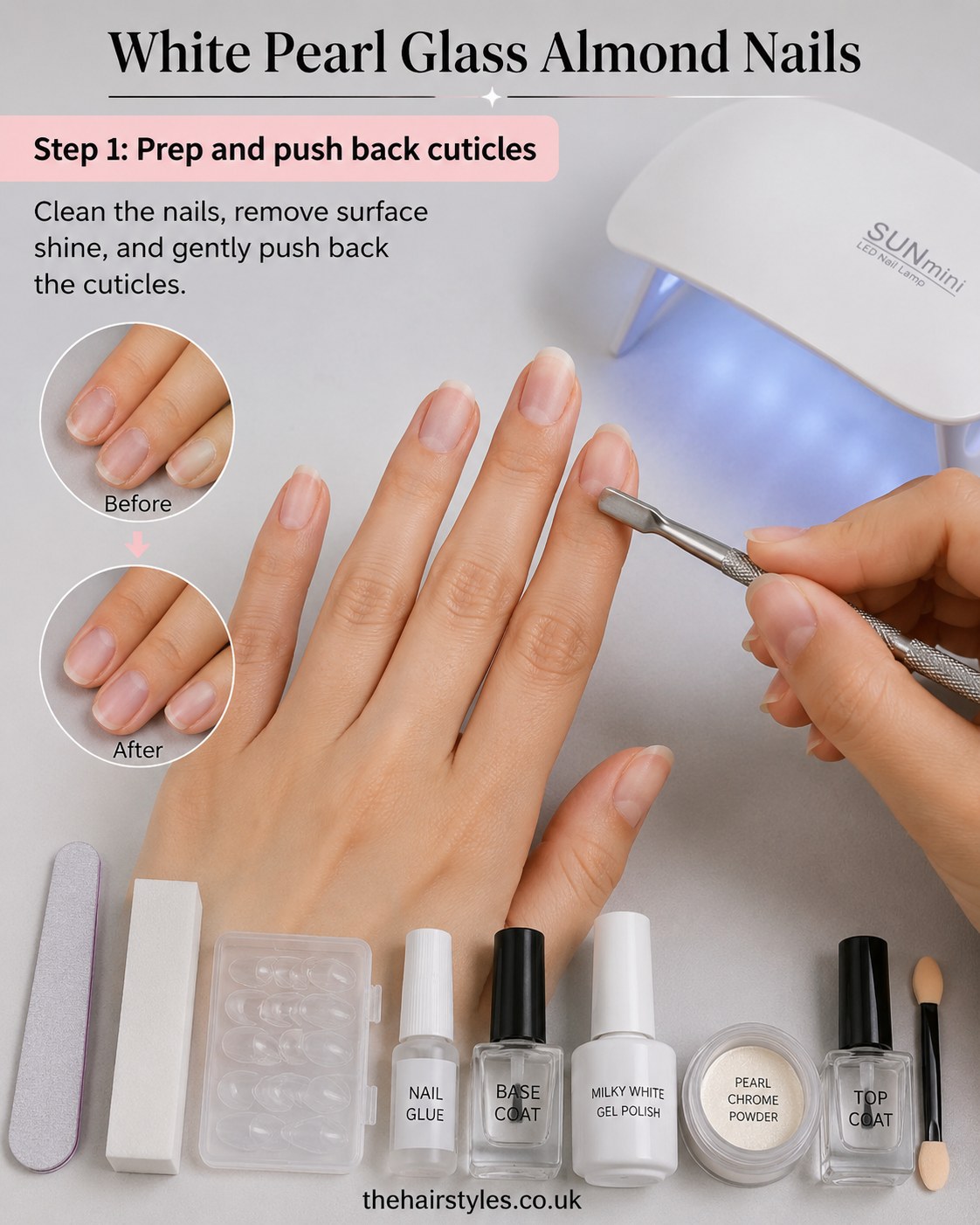 Before and after nail prep showing cuticles pushed back for white pearl glass almond nails