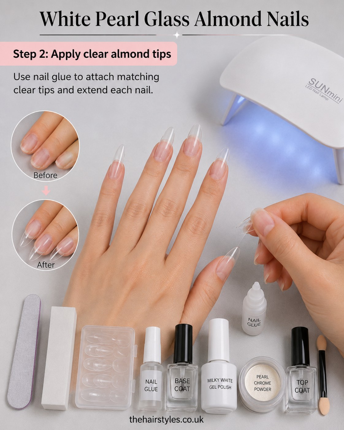 Applying clear almond nail tips with glue as the first stage of white pearl glass almond nails