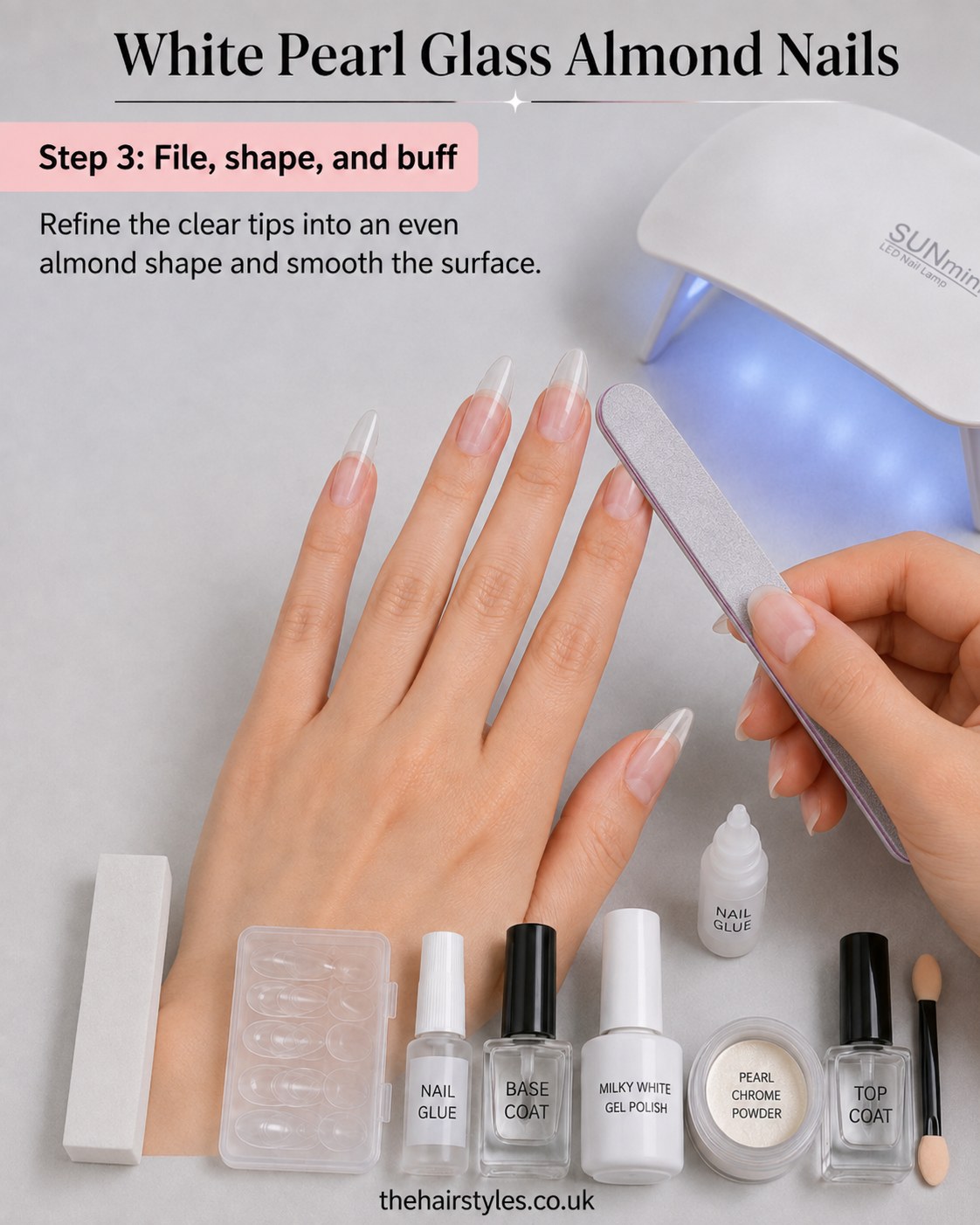 Filing and buffing clear tips into an even almond shape for white pearl glass almond nails