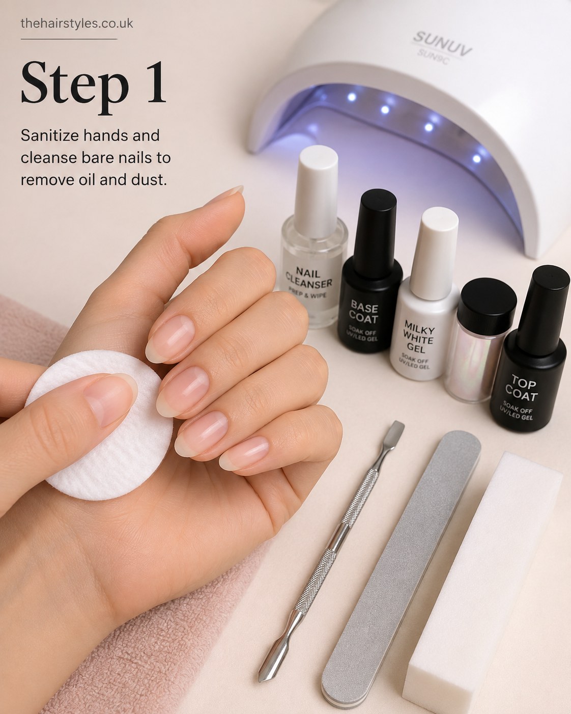 Cleansing bare nails before shaping white pearl glass nails in an oval style