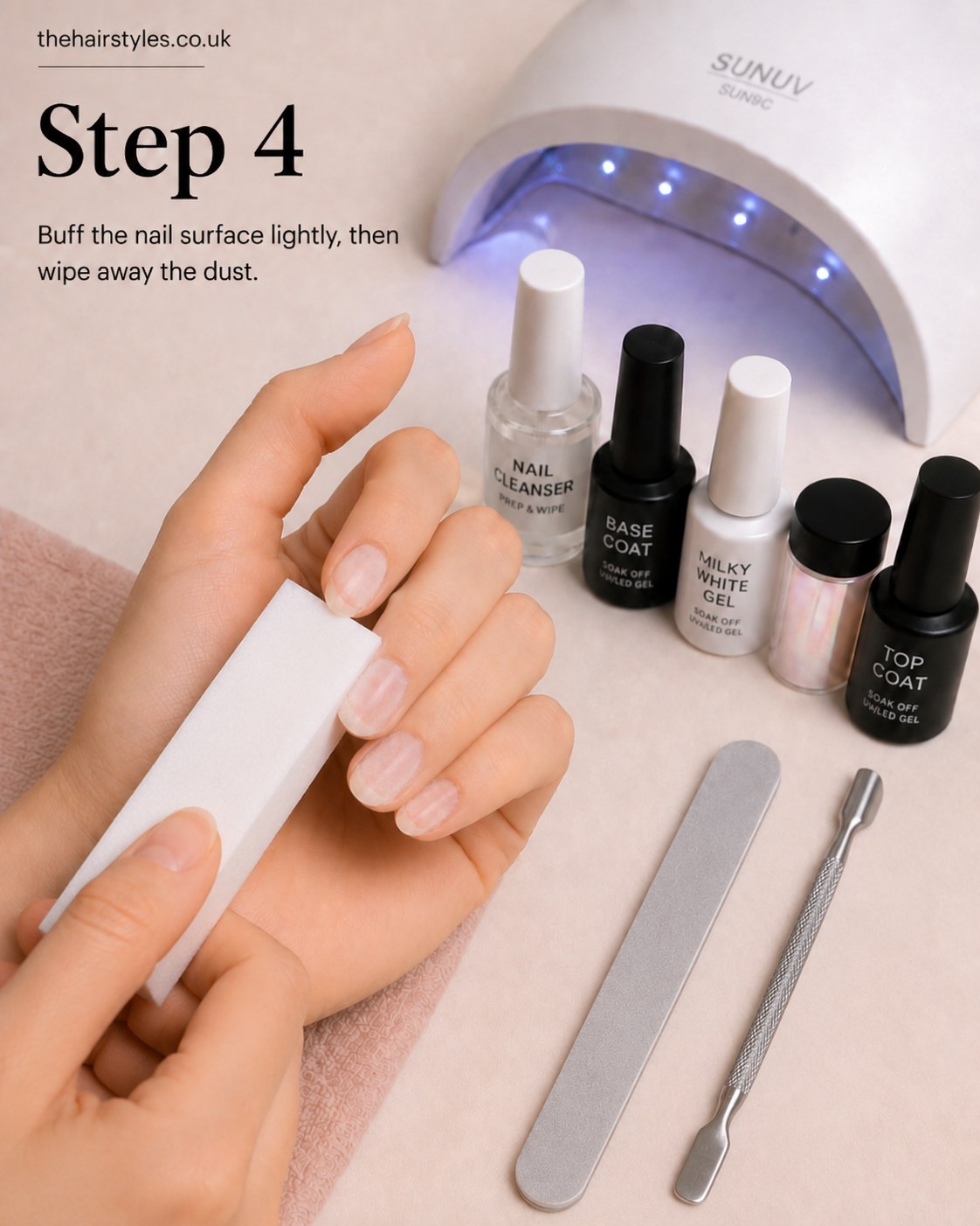 Buffing the nail surface smooth before building white pearl glass nails oval shape