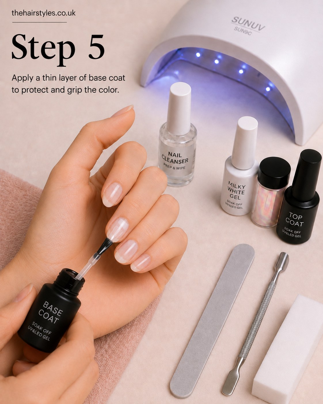 Applying a thin base coat as the first gel layer for white pearl glass nails
