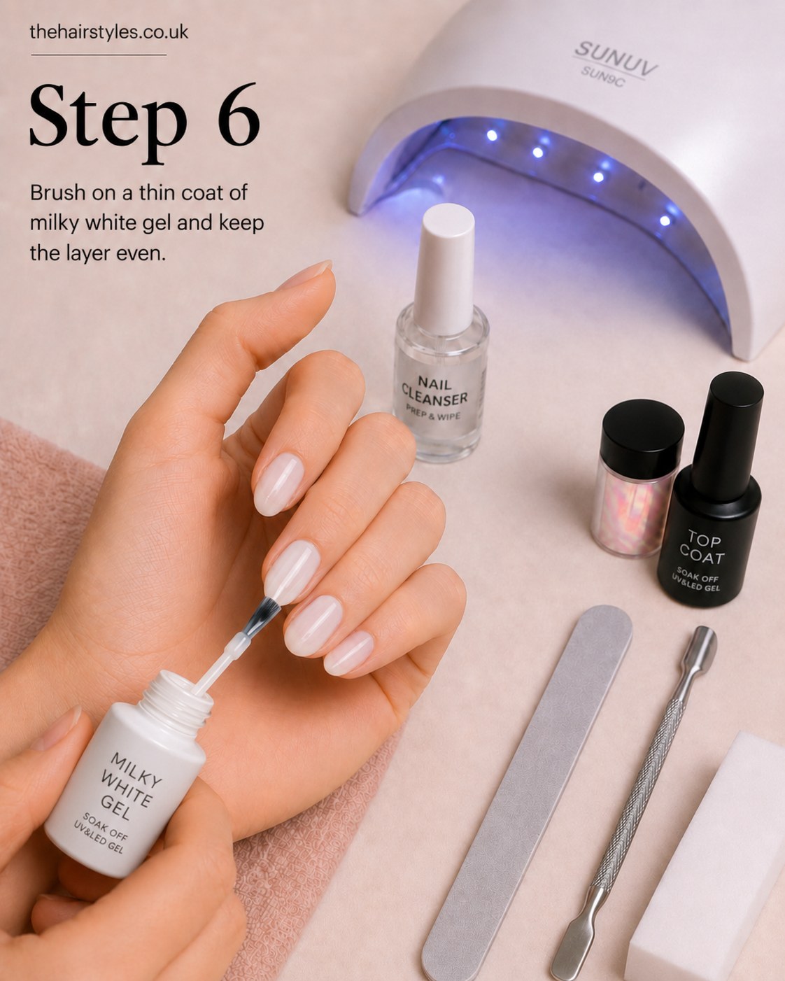Brushing on milky white gel, the true base colour of white pearl glass nails oval