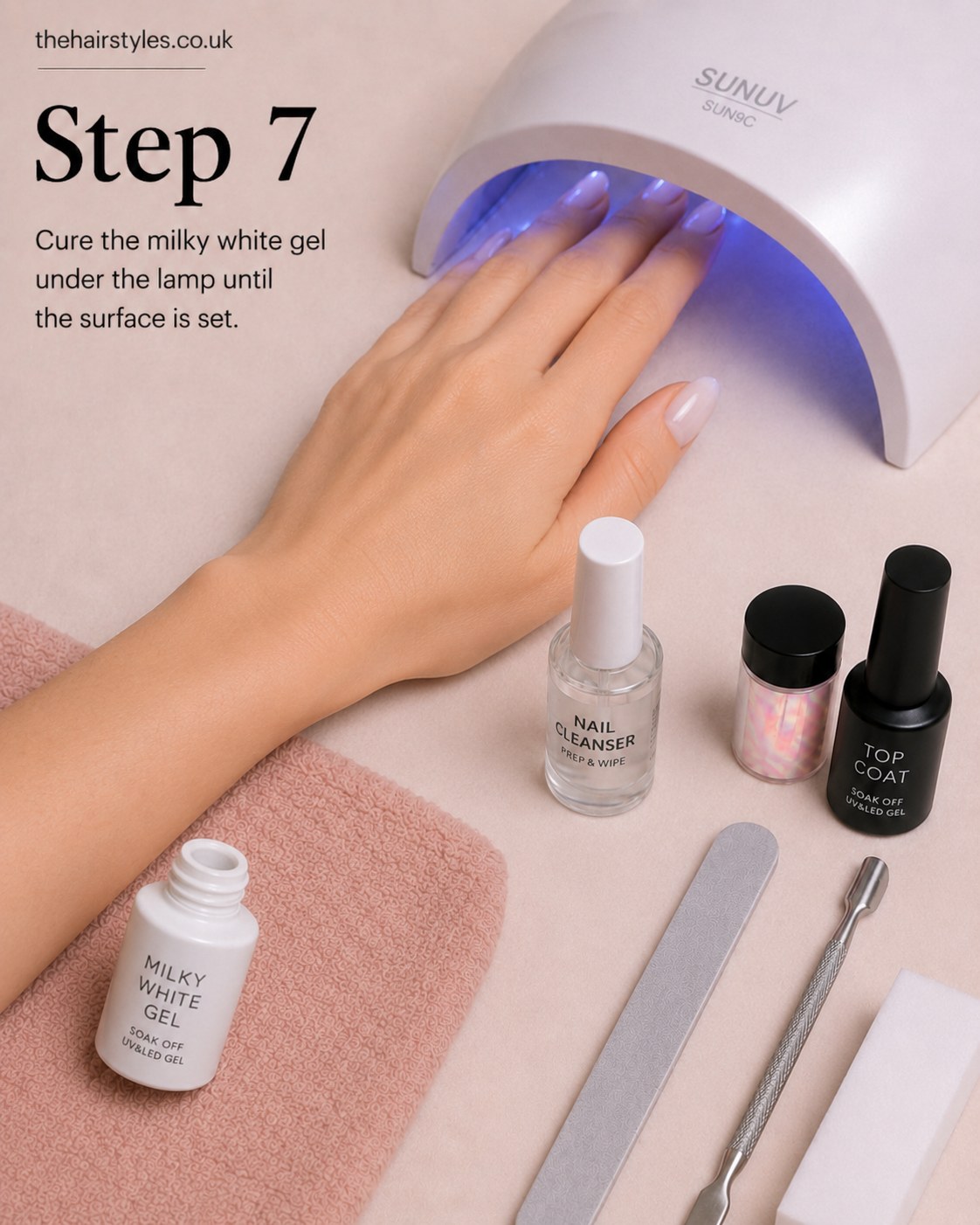 Curing the milky white gel under an LED lamp for white pearl glass nails oval