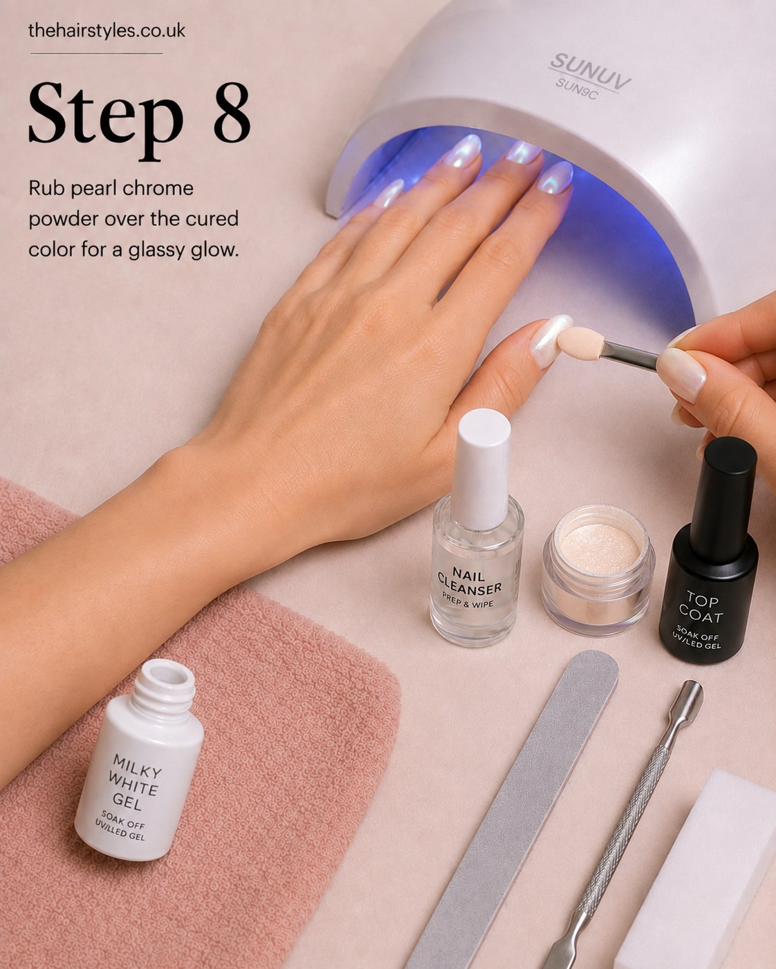 Rubbing pearl chrome powder over cured gel to create the white pearl glass nails glow