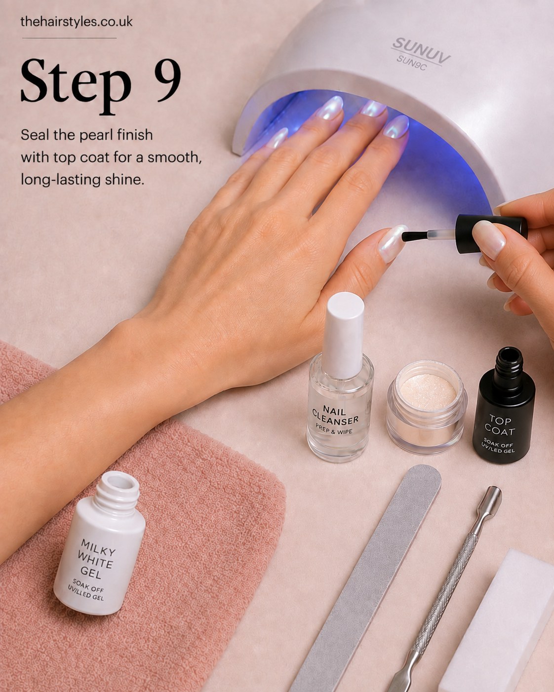 Sealing the pearl finish with top coat to lock in white pearl glass nails oval shine