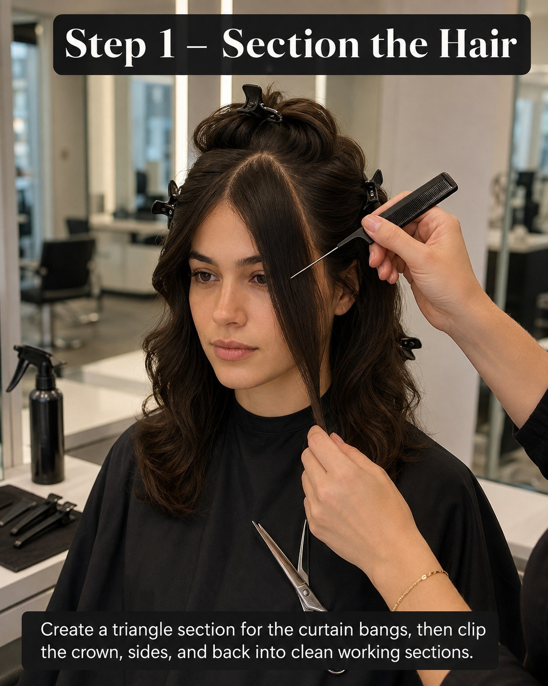 Triangle sectioning at the crown, the first step in cutting a wolf cut with curtain bangs.