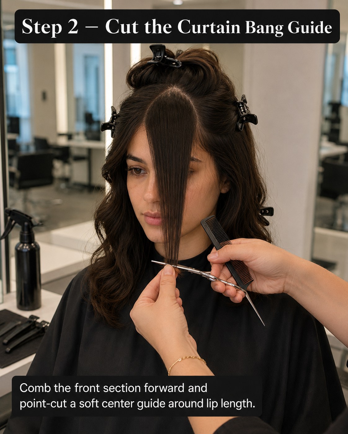 Point-cutting a soft centre fringe guide to lip length while shaping curtain bangs at the chair.