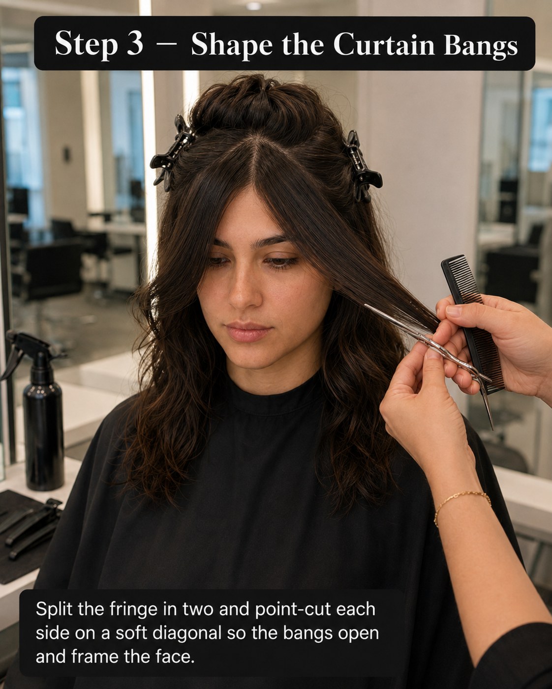 Diagonal point-cuts opening each side of the fringe to shape soft curtain bangs framing the face.