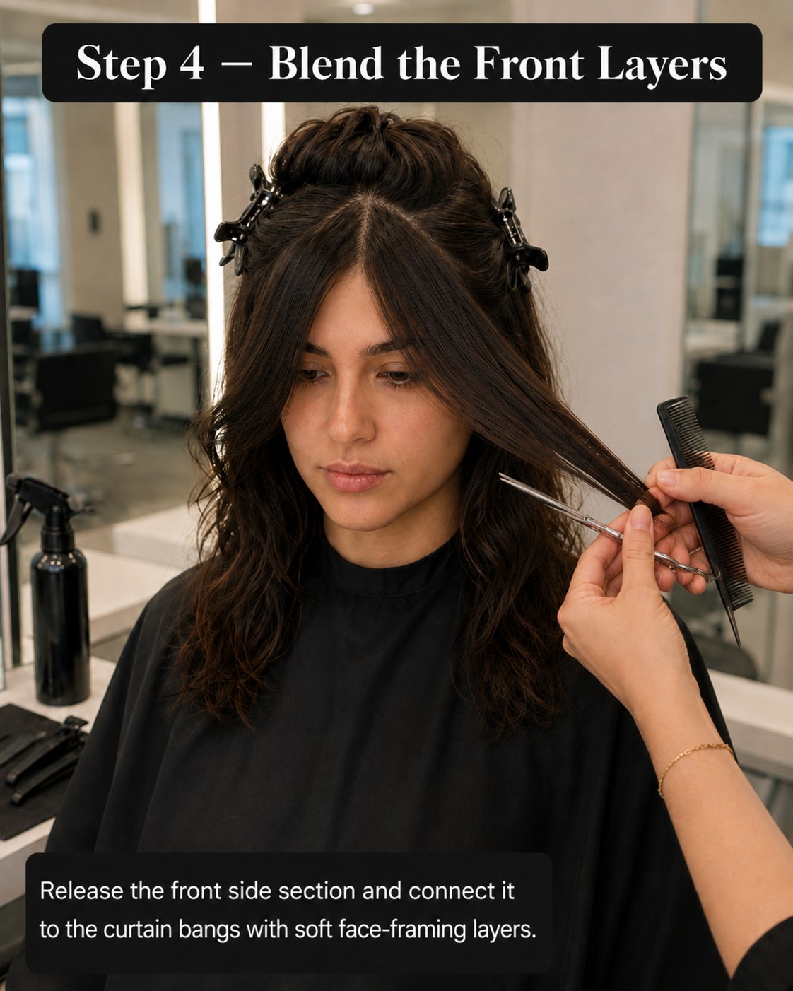 Blending the front layers into the curtain bangs for seamless face-framing movement.