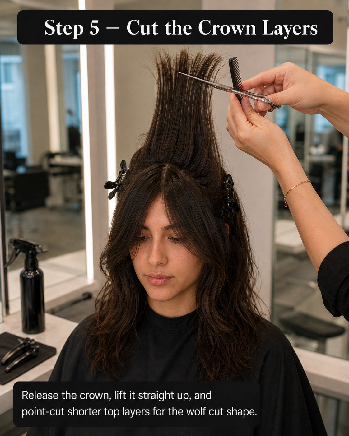 Lifting the crown straight up to point-cut the short top layers that define a wolf cut.