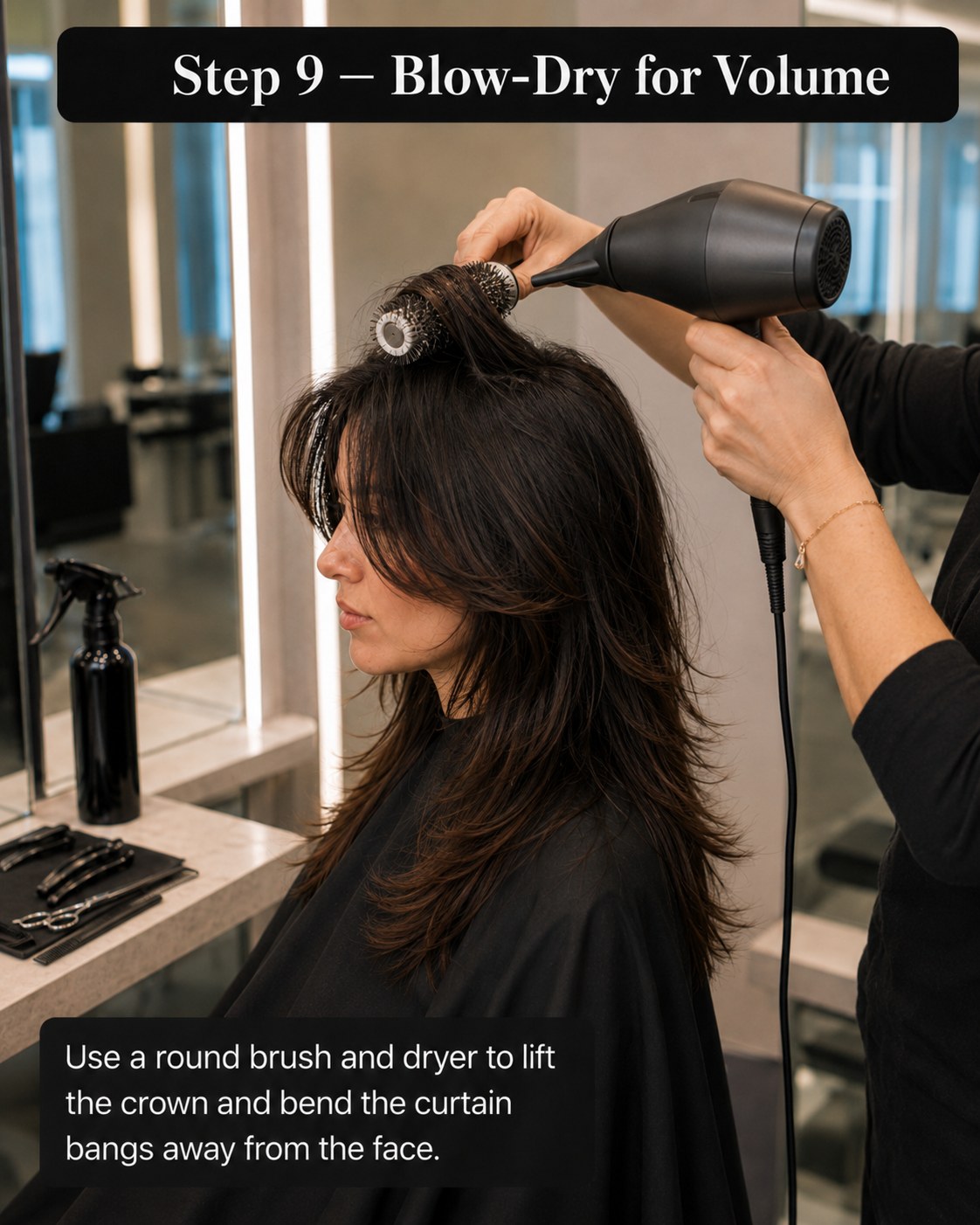 Round-brush blow-drying the crown for lift and bending the curtain bangs away from the face.