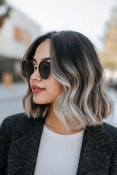 A woman with shoulder-length black hair featuring blonde highlights is wearing sunglasses and a grey coat.