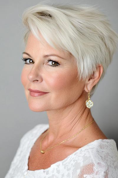 A stylish short haircut for older women, featuring soft, layered white hair with a side-swept fringe.