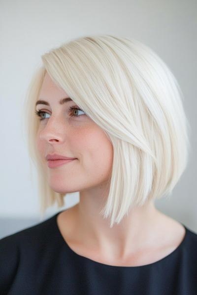 A woman with a sleek, blonde bob hairstyle featuring a side parting.